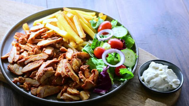 Kebab served with french fries, vegetables and tzatziki