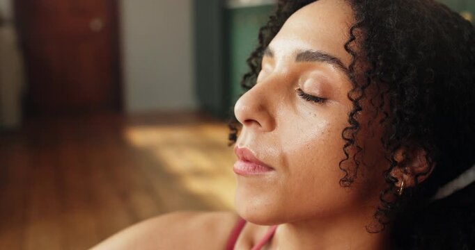 Break, breathing and yoga with woman in home for holistic health, mindfulness or wellness. Balance, fitness and inner peace with yogi person in apartment for awareness, healing or zen mindset