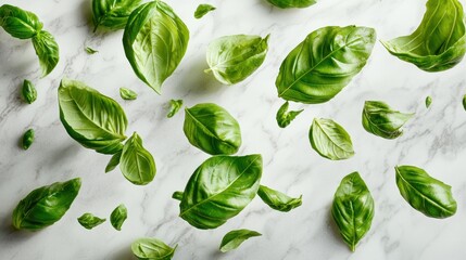 Herb leaf flutter basil leaves caught mid-air dramatic motion above marble surface vibrant green herbs suspended graceful arcs natural movement culinary