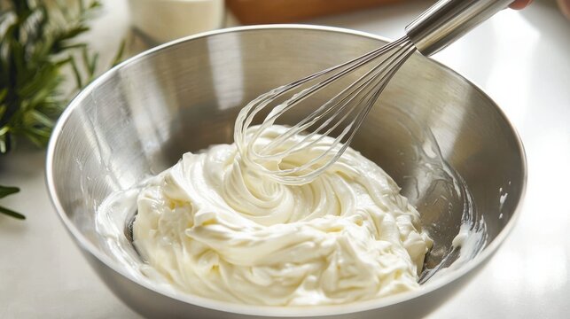 Cream whip swirl whisk creating fluffy texture stainless steel bowl motion culinary action kitchen preparation ingredient movement dynamic cooking baking