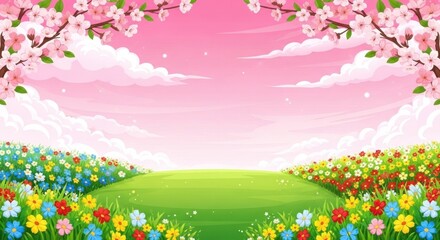 A vibrant spring landscape with blooming cherry trees, green grass, and colorful flowers under a pink sky with white clouds.