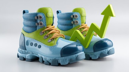Pair of brightly colored hiking boots with a green arrow pointing upwards, on a white background