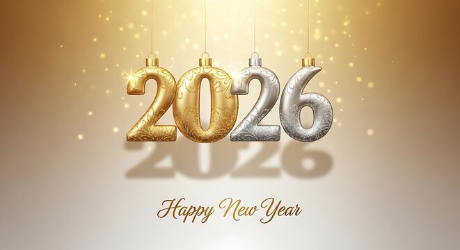 Gold and silver 2026 numbers hanging with happy new year text image