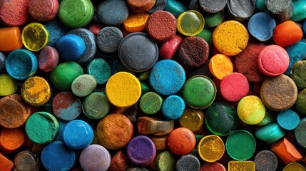 Overhead view of a jumbled, colorful collection of various-sized circular objects