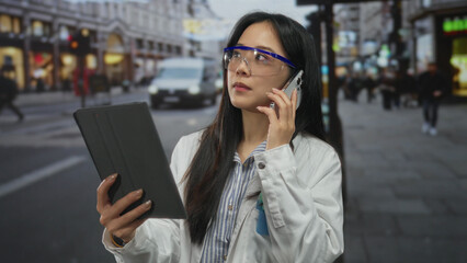 Woman scientist using tablet and phone outdoors on busy urban street, wearing safety goggles and...