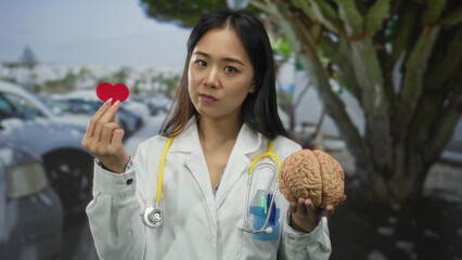 Asian woman doctor holding a heart and brain outdoors, showcasing medical contrast in a street setting with a stethoscope and uniform.