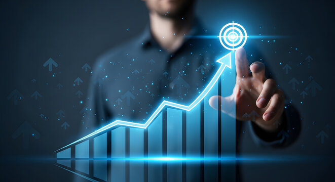 Man touching holographic growth chart with target representing business success and achievement