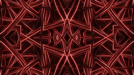 Close-up of a vibrant red neon geometric pattern with intersecting lines and shapes on a dark background. - Powered by Adobe