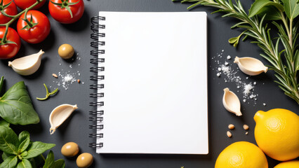 Fresh ingredients surround blank notebook, perfect for recipe notes. Vibrant tomatoes, lemons, garlic, olives, and herbs create culinary scene