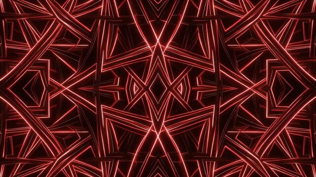 Close-up of a vibrant red neon geometric pattern with intersecting lines and shapes on a dark background. - Powered by Adobe