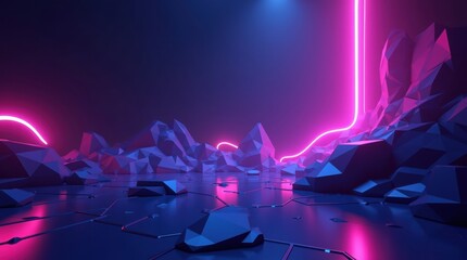 Surreal alien landscape with glowing neon pink and blue lights