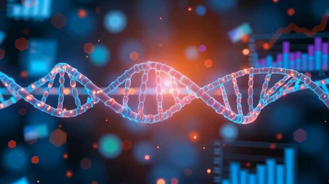 DNA strand glowing with blue and orange light effects, genetic molecule research, scientific data visualization and biotechnology - Powered by Adobe