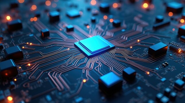 Abstract glowing blue computer chip and circuit board with digital connections