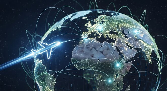 Global air travel network with airplane flying around the world at night