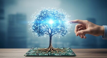 Hand touching a digital tree growing from a circuit board with city background