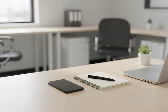 clean home office desk setup with laptop phone notepad and pen