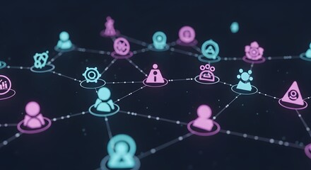 Abstract network connection structure with people and icons on dark background