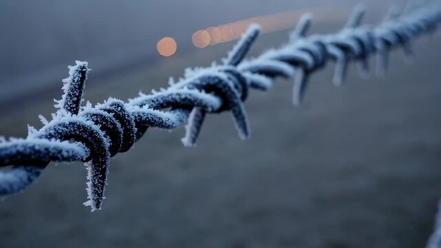 Frost covered barbed wire at dawn rural landscape high-detail cold environment