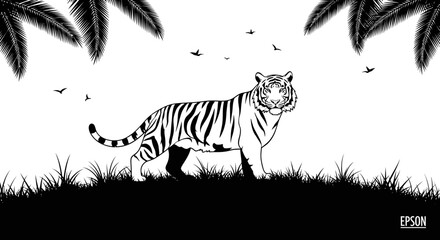 Tiger in jungle landscape with birds and palm leaves © ahmad