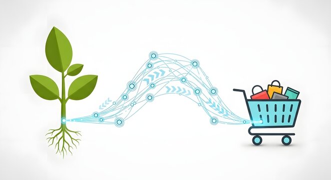 Green plant connected to a shopping cart with a digital network on white