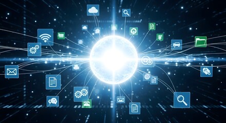 Digital network connection with glowing sphere and icons in blue and green