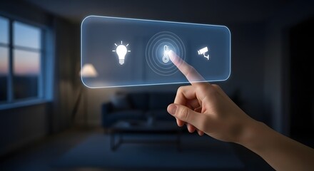 Woman using smart home automation system to control lighting and security