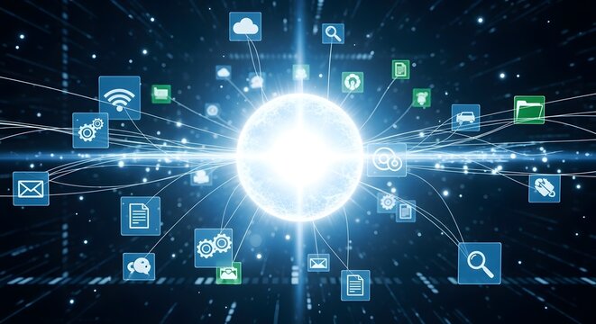 Digital network connection with glowing sphere and icons in blue and green