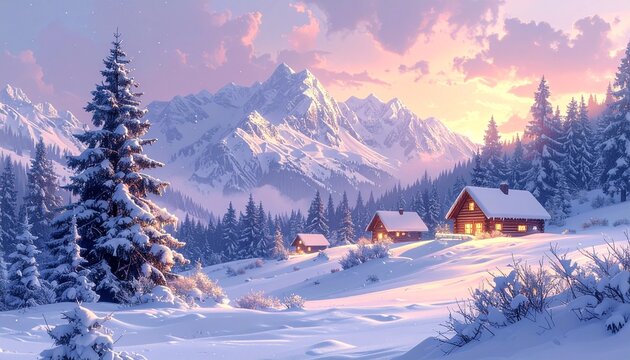 Peaceful snowy mountain landscape in soft pastel tones with glowing cabin lights, serene winter holiday greeting card template