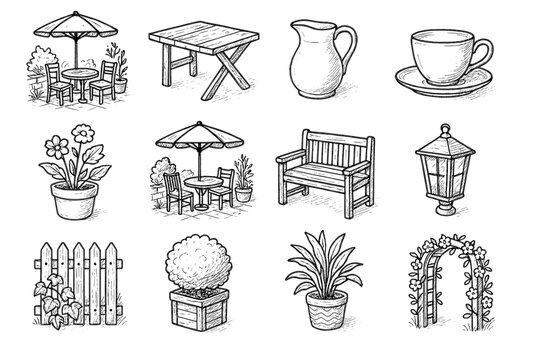 Wooden icon patio table icons cup vector pencil terrace jug outline rustic