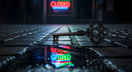 Lost Antique Key on Wet City Pavement Reflecting Neon Closed Sign