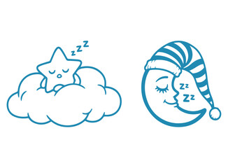 Cute sleepy moon and star rest peacefully on clouds, symbolizing sweet dreams and nighttime.