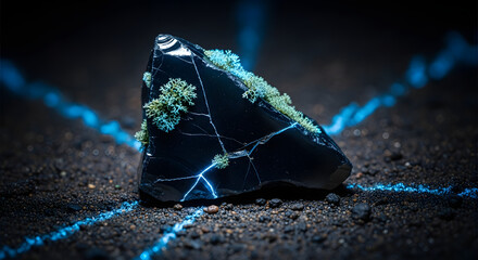 Mysterious Glowing Black Obsidian Crystal Fragment with Strange Green Moss in Dark Environment