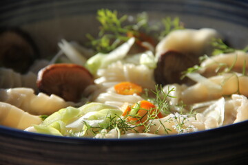 Dumpling soup with tender mushrooms and soft noodles in a savory broth—a warm, comforting bowl full of rich textures and umami flavor.