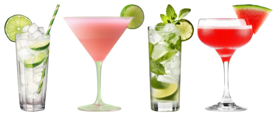 PNG Colorful cocktails with fresh garnishes, element set on transparent background