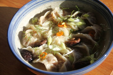 Dumpling soup with tender mushrooms and soft noodles in a savory broth—a warm, comforting bowl full of rich textures and umami flavor.