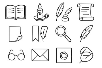 Fototapeta premium Bookmark ink vector magnifying seal novel set literature page folded icon quill