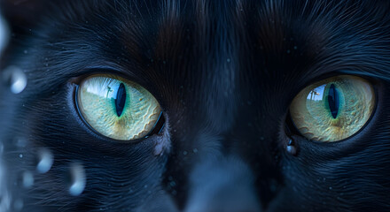 Mysterious Close Up of Striking Green Eyes on a Black Cat Face