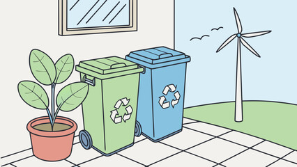 Embrace Sustainability: A vibrant, vector illustration showcasing eco-friendly practices with recycling bins, a lush plant, and a wind turbine for a green future