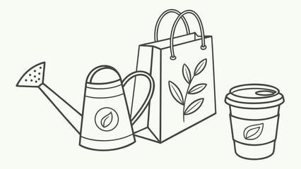 Eco friendly shopping concept with watering can, reusable bag, and cup showing a sustainable lifestyle and green living for a modern eco conscious buyer