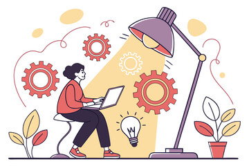 Creative woman working on laptop, surrounded by gears and ideas, perfect for startups, innovation, and modern business concepts showing ingenuity