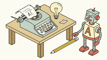 Engaging AI illustration of retro robot near typewriter and lightbulb suggesting innovation, automation, and futuristic concepts for modern technology