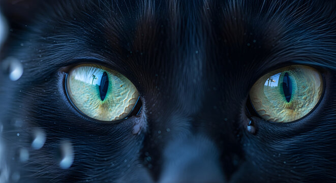 Mysterious Close Up of Striking Green Eyes on a Black Cat Face - Powered by Adobe