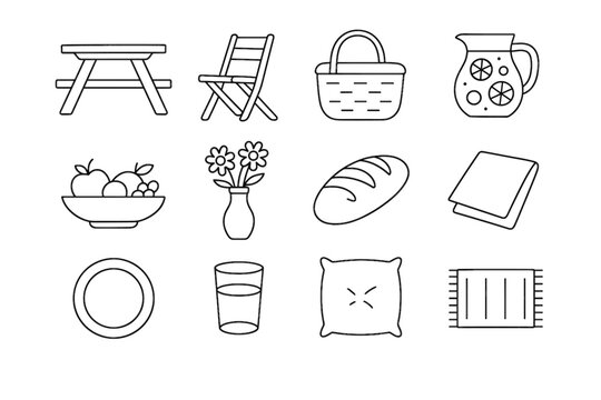 Glass icons chair pillow vector picnic garden vase icon plate fruit rug