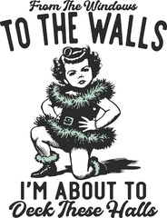 Funny Retro Illustration of Grumpy Child in Christmas Costume, "Deck These Halls" Slogan. Vintage Holiday Humor, Sarcastic Season, and Festive Tinsel Vector.