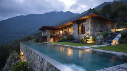 Fototapeta premium rustic villa in the mountains with a cantilever pool with an infinity edge 