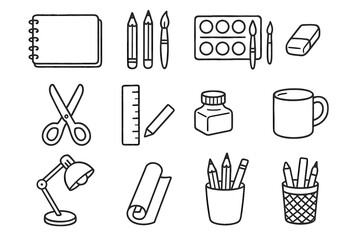 Obraz premium Desk holder art palette sketchbook pen vector roll watercolor icons icon cup