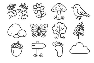 Fototapeta premium Bird walk nature leafy acorn butterfly path trail icon icons vector rock
