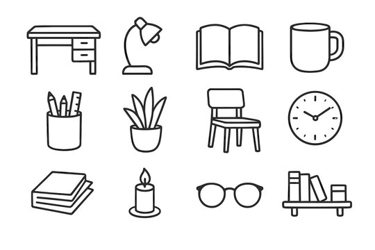 Plant study vector glasses open lamp stack nook clock chair icon holder