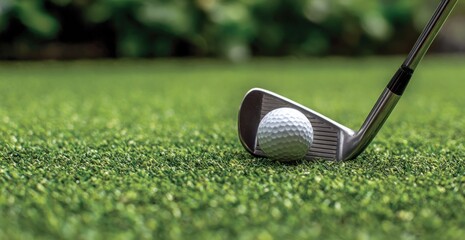 A close-up of a golf club poised over a ball on a putting green. Focus is sharp