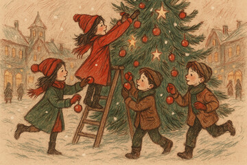 Obraz premium Vintage-style scene of children in cozy winter clothes decorating a Christmas tree in a snowy town square. Glowing lights and nostalgic charm evoke warmth, tradition, and joyful holiday spirit